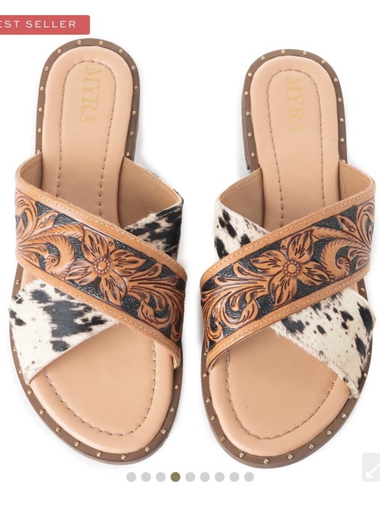 Myra Bag Shoes - Myra Bag Tan Tooled Leather & Black White Cowhide Slide Sandals